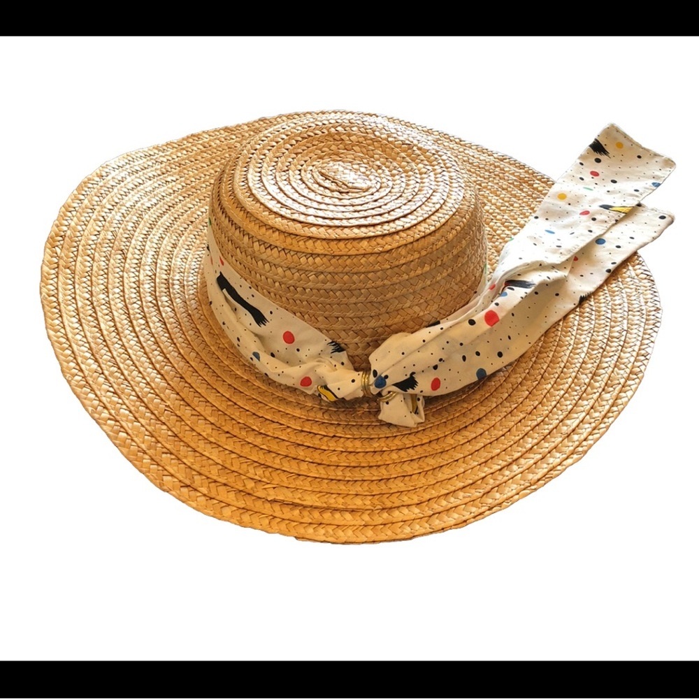 Vintage Mr. Field Tan and White Sun Hat with Wide Brim & dDecorative Band Medium